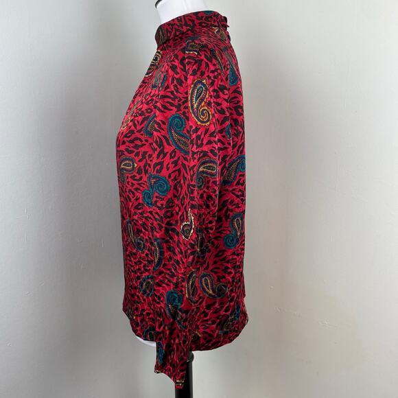 Vintage Anne Crimmins Silk Red Paisley High Neck Long Sleeve Blouse Size 8 - Picture 4 of 5